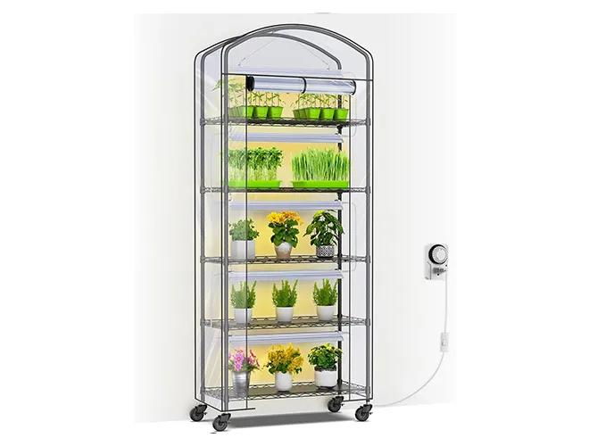 5-Tier Greenhouse with Grow Light,  Metal Plant Shelf with PVC Cover and Wheels (5)