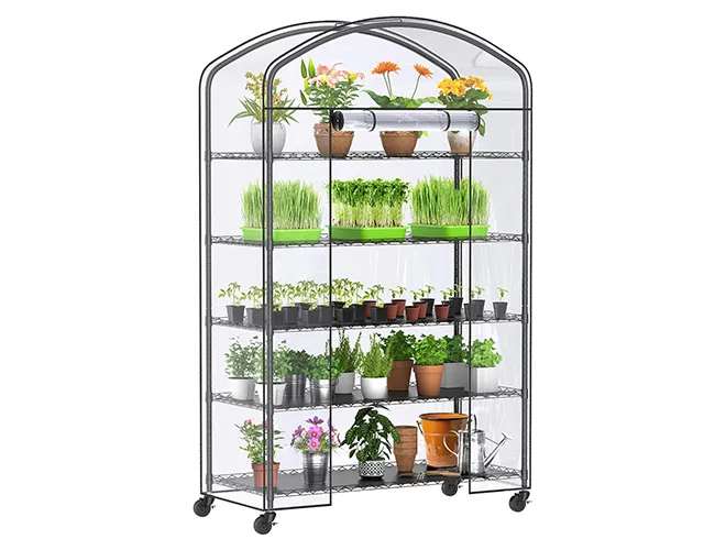 5-Tier Greenhouse with Grow Light,  Metal Plant Shelf with PVC Cover and Wheels (4)