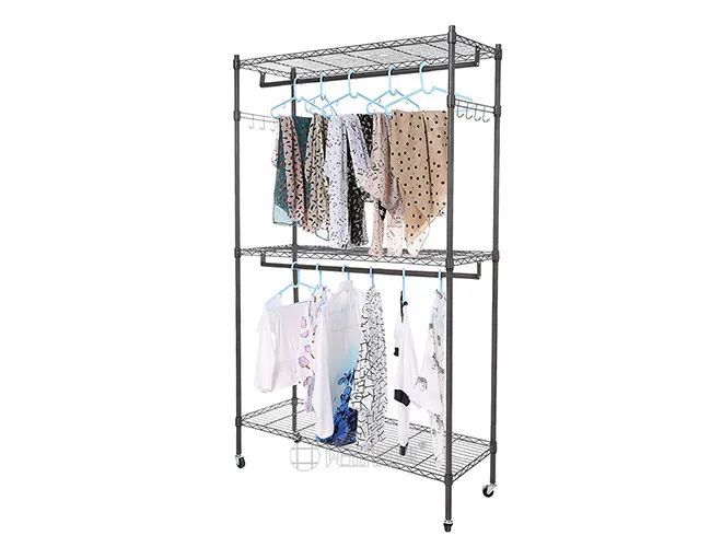 2-Tier Black Garment Rack - 2 Hanging Rods & Wire Shelves（1）
