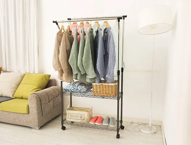 Double-Rod Clothes Rack with 2 Wire Shelves - Heavy Duty Organizer (2)