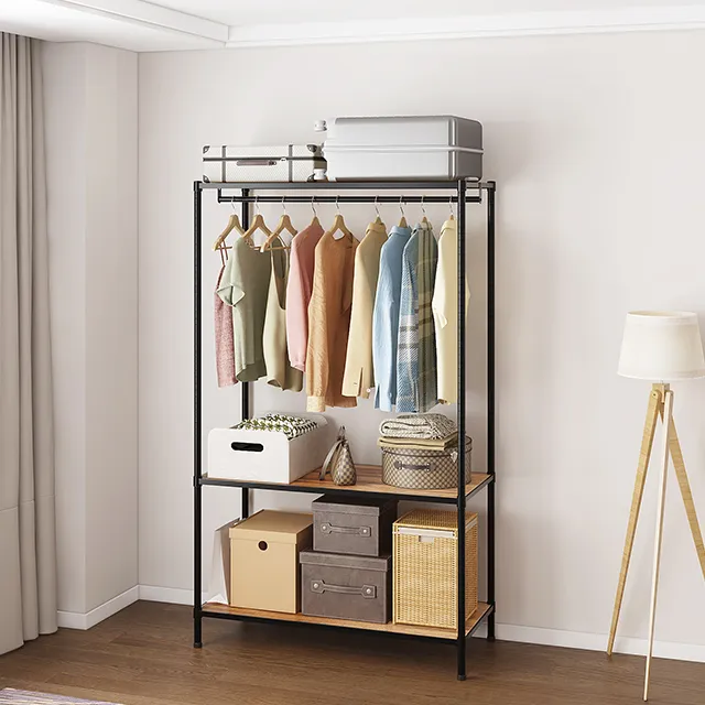 3-tier-black-bamboo-fiber-garment-rack-with-metal-and-wood-construction-golden-nanmu