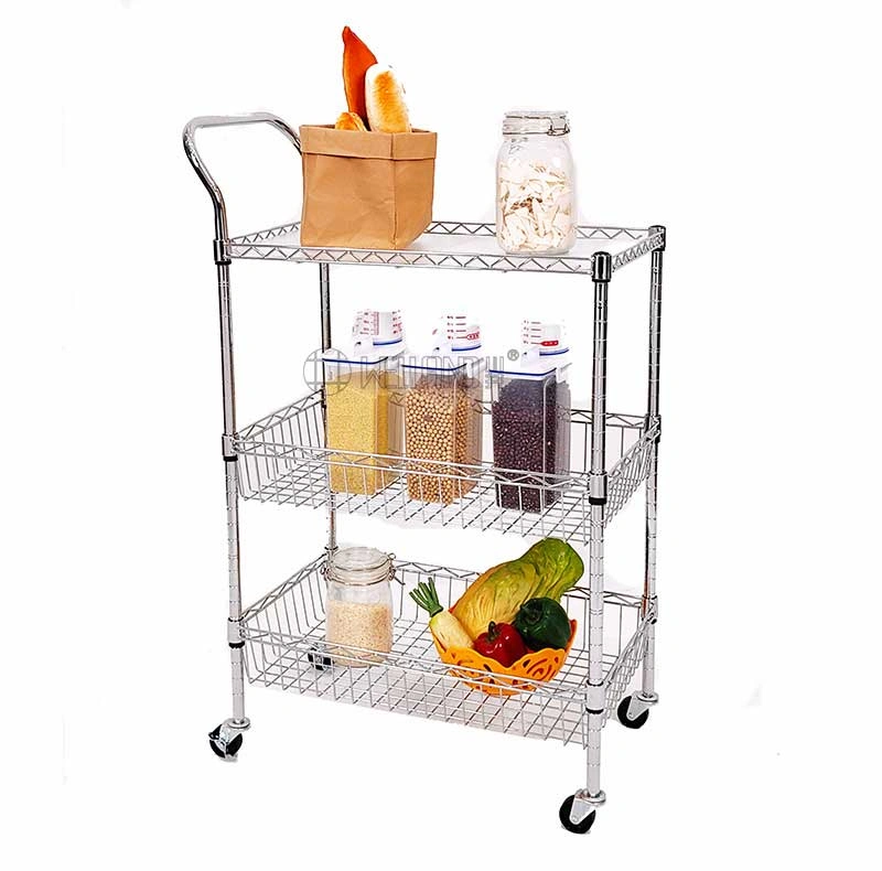 3 Tiers Chrome Kitchen Trolley Cart with wire Bakset（1）.webp