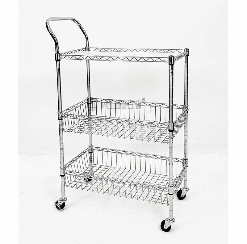 3 Tiers Chrome Kitchen Trolley Cart with wire Bakset（2）.webp