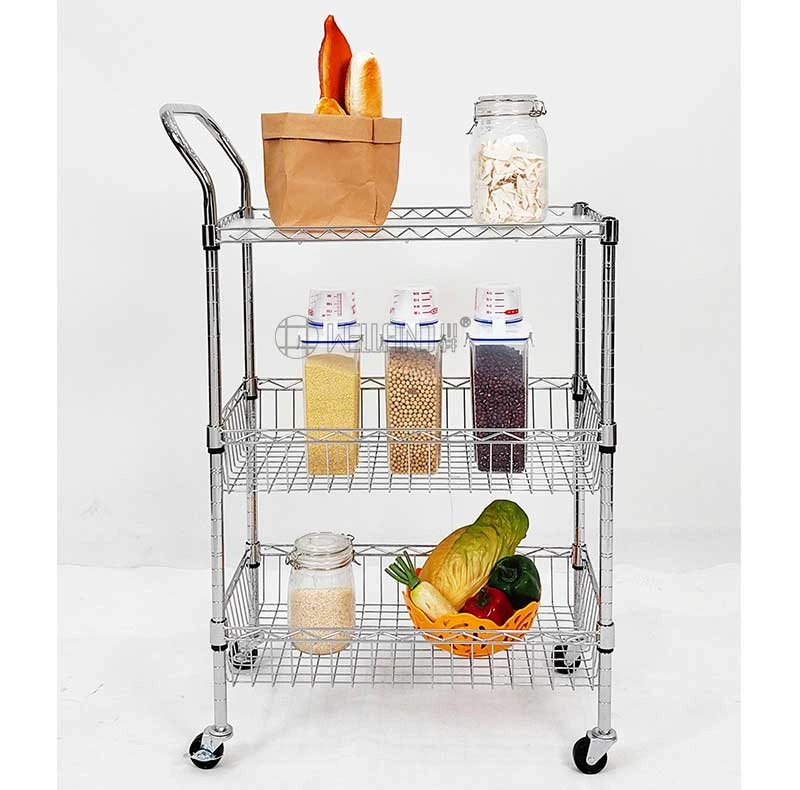 3 Tiers Chrome Kitchen Trolley Cart with wire Bakset（3）.webp